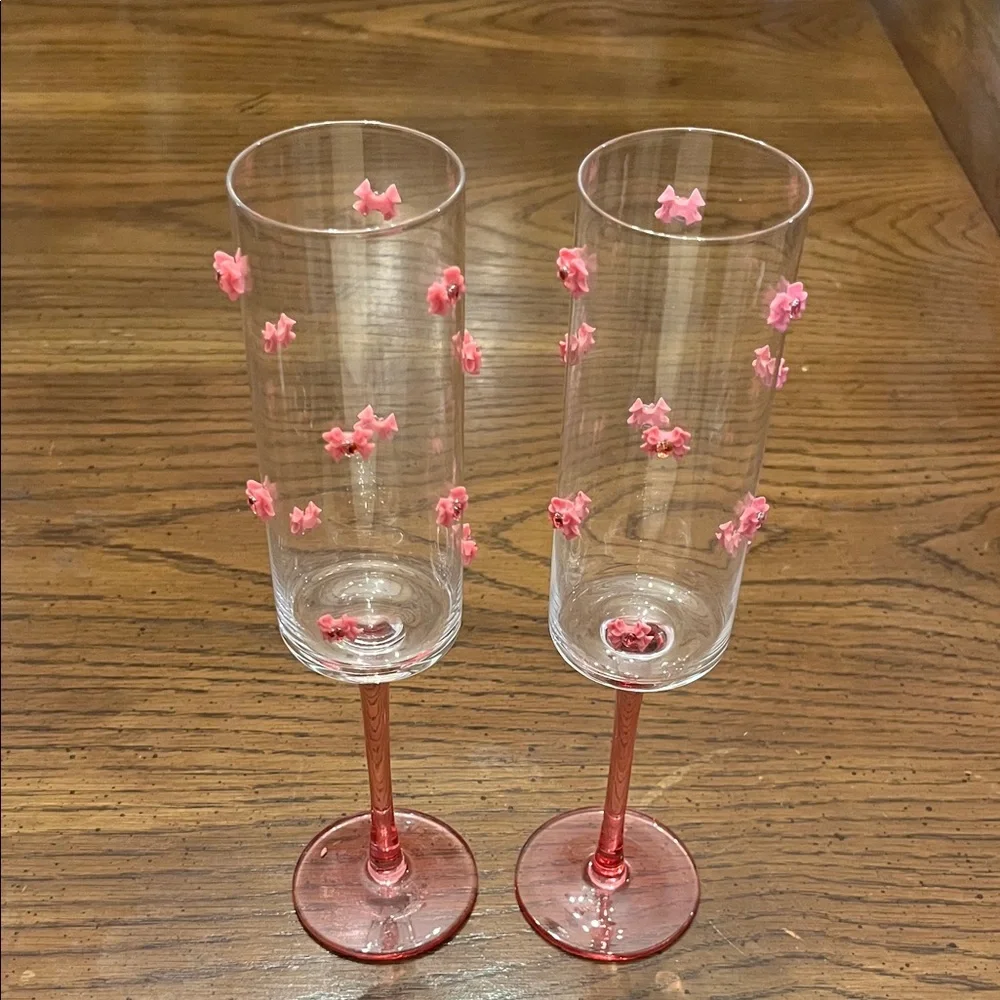 Pink Champagne Bow Flutes with Heart Gems, set of‎ 2